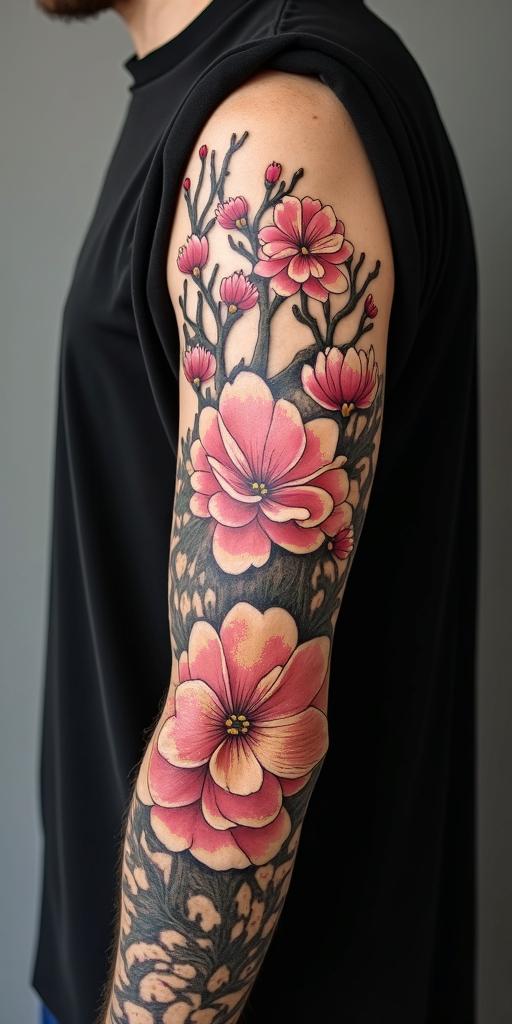 Japanese traditional sakura blossomsin japanese style tattoo, detailed tattoo, traditional japanese culture tattoo, mythology, 8k - Variation 4
