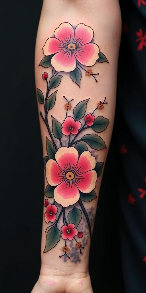Japanese traditional sakura blossomsin japanese style tattoo, detailed tattoo, traditional japanese culture tattoo, mythology, 8k