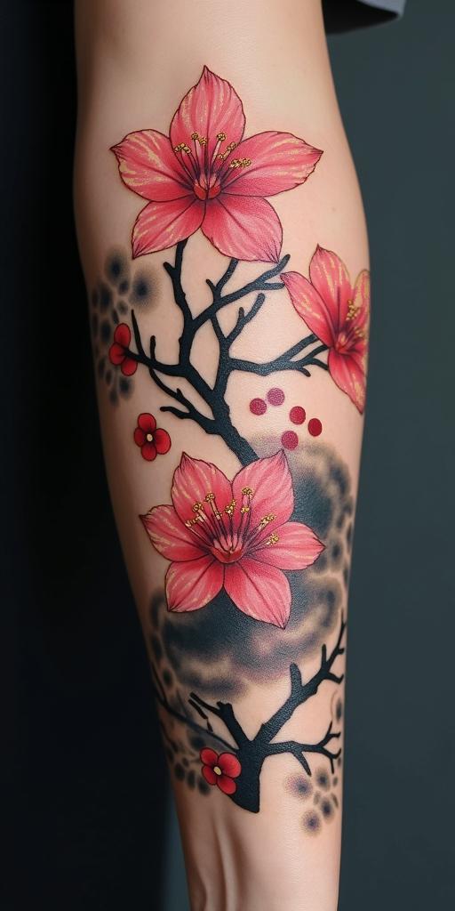 Japanese traditional sakura blossomsin japanese style tattoo, detailed tattoo, traditional japanese culture tattoo, mythology, 8k - Variation 3