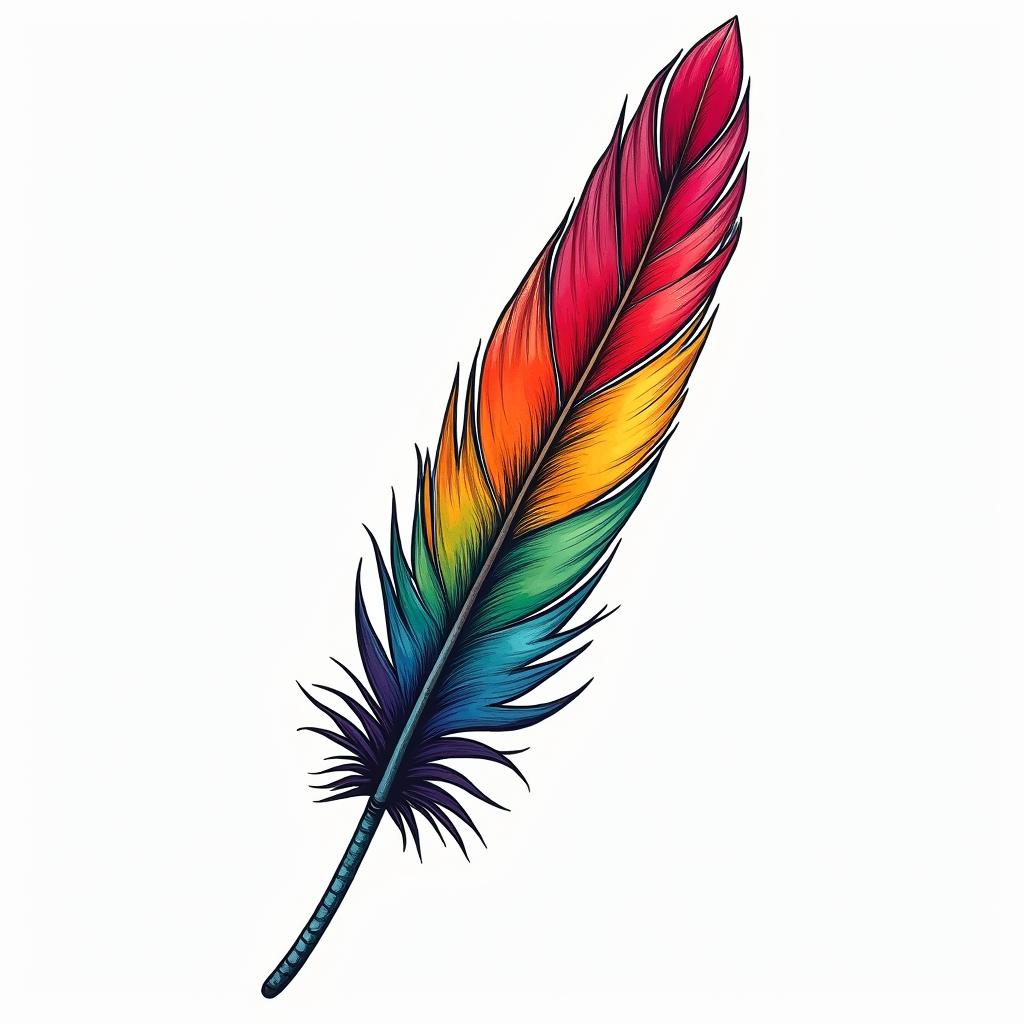 Single feather with rainbow colour'sin pop art style tattoo, featuring bold and vibrant colors, exaggerated outlines, iconic imagery, inspired by comic books and speech bubbles, comic book characters, retro pop culture