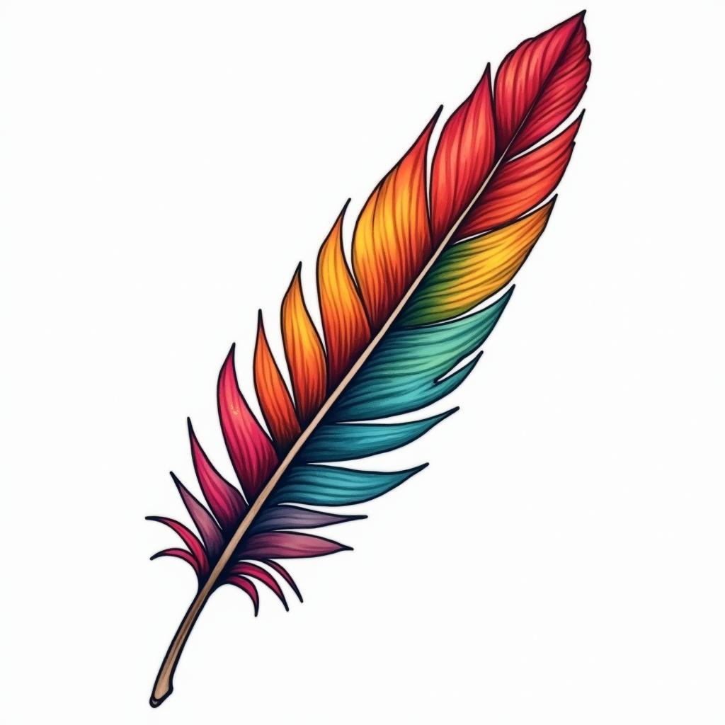 Single feather with rainbow colour'sin pop art style tattoo, featuring bold and vibrant colors, exaggerated outlines, iconic imagery, inspired by comic books and speech bubbles, comic book characters, retro pop culture - Variation 3