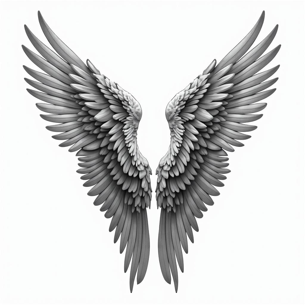 Angel wings with detailed feathersin portrait tattoo style, featuring a highly realistic and detailed depiction - Variation 2