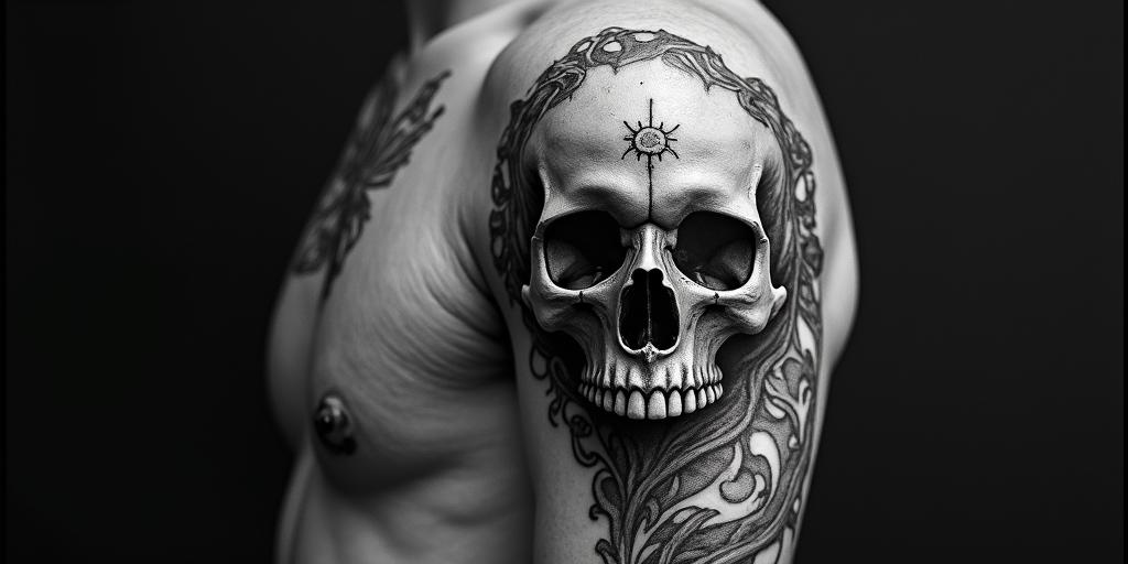 Skullsin japanese style tattoo, detailed tattoo, traditional japanese culture tattoo, mythology, 8k - Variation 3