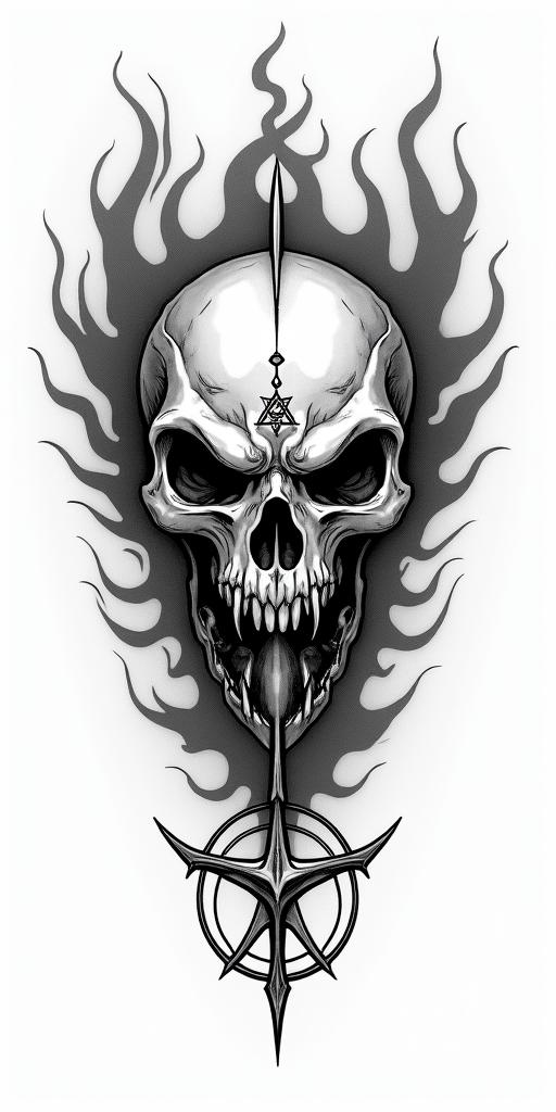 Flames off a sun skullcreepy horror tattoo style, featuring an eerie and unsettling skull of a demonic creature, distorted face with sharp fangs, add pentagram symbol - Variation 3