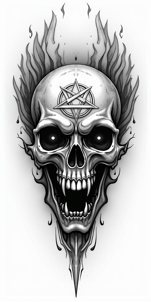 Flames off a sun skullcreepy horror tattoo style, featuring an eerie and unsettling skull of a demonic creature, distorted face with sharp fangs, add pentagram symbol - Variation 4