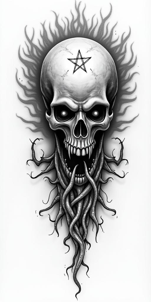 Flames off a sun skullcreepy horror tattoo style, featuring an eerie and unsettling skull of a demonic creature, distorted face with sharp fangs, add pentagram symbol