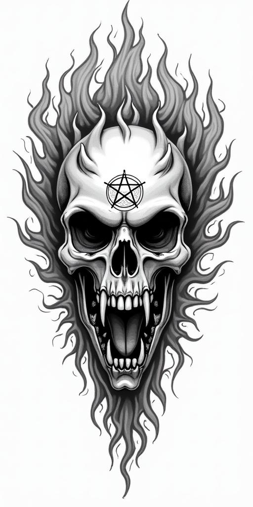 Flames off a sun skullcreepy horror tattoo style, featuring an eerie and unsettling skull of a demonic creature, distorted face with sharp fangs, add pentagram symbol - Variation 2