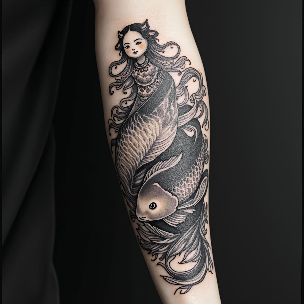 Japanese traditional koi fish and durama dollin japanese style tattoo, detailed tattoo, traditional japanese culture tattoo, mythology, 8k - Variation 3
