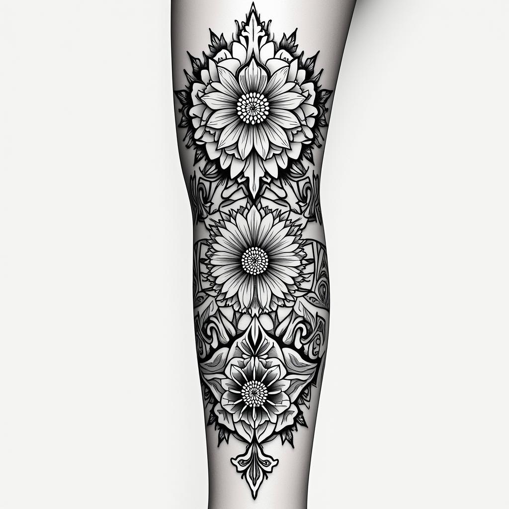 On tibiain ornamental tattoo style, featuring intricate symmetrical patterns and floral designs, showcasing highly detailed line work and geometric shapes, creating a sense of elegance and balance - Variation 3