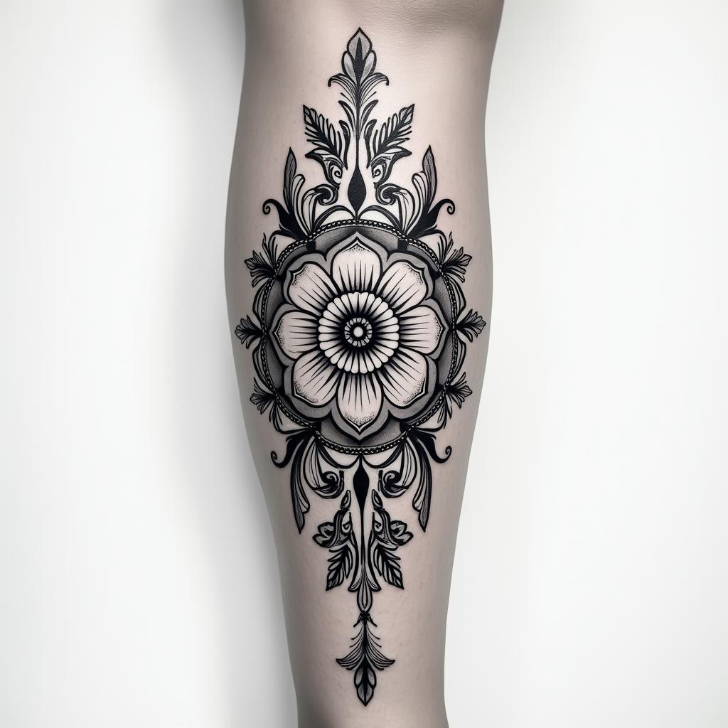 On tibiain ornamental tattoo style, featuring intricate symmetrical patterns and floral designs, showcasing highly detailed line work and geometric shapes, creating a sense of elegance and balance - Variation 2