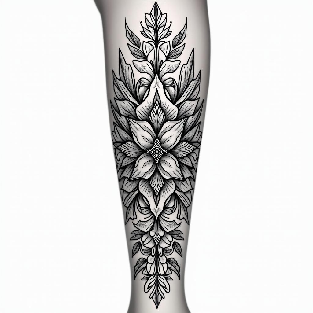 On tibiain ornamental tattoo style, featuring intricate symmetrical patterns and floral designs, showcasing highly detailed line work and geometric shapes, creating a sense of elegance and balance - Variation 4