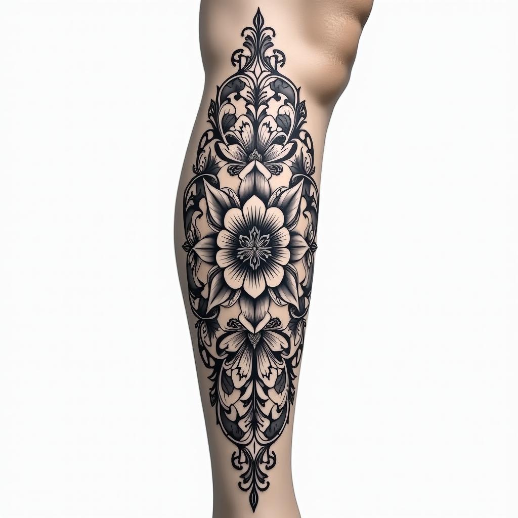On tibiain ornamental tattoo style, featuring intricate symmetrical patterns and floral designs, showcasing highly detailed line work and geometric shapes, creating a sense of elegance and balance
