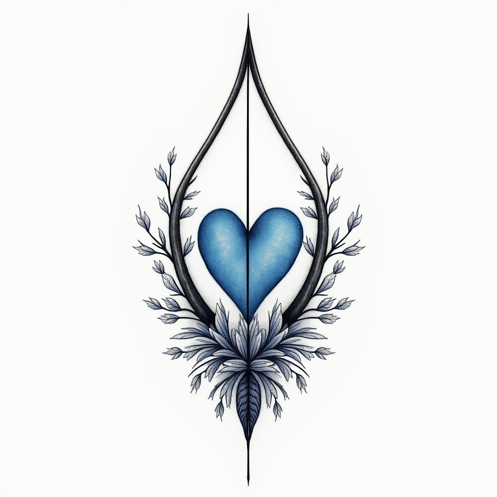 I don't want to forget my father's illness; I want to include blue amber and a bow and arrow.in Modest style tattoo, featuring soft, delicate line work with simple and meaningful symbols, gentle waves, a heart, evoking a sense of serenity and grace,