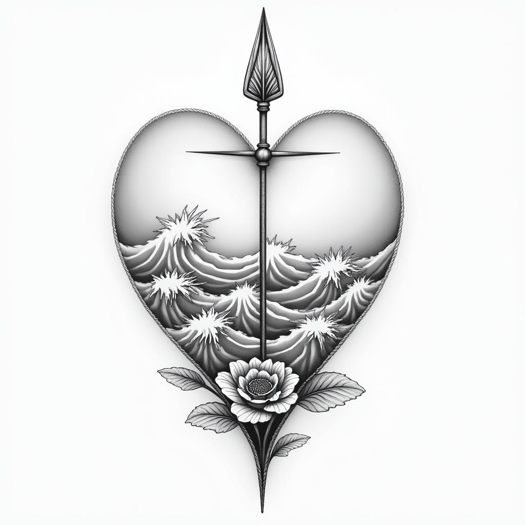 I don't want to forget my father's illness; I want to include blue amber and a bow and arrow.in Modest style tattoo, featuring soft, delicate line work with simple and meaningful symbols, gentle waves, a heart, evoking a sense of serenity and grace, - Variation 2