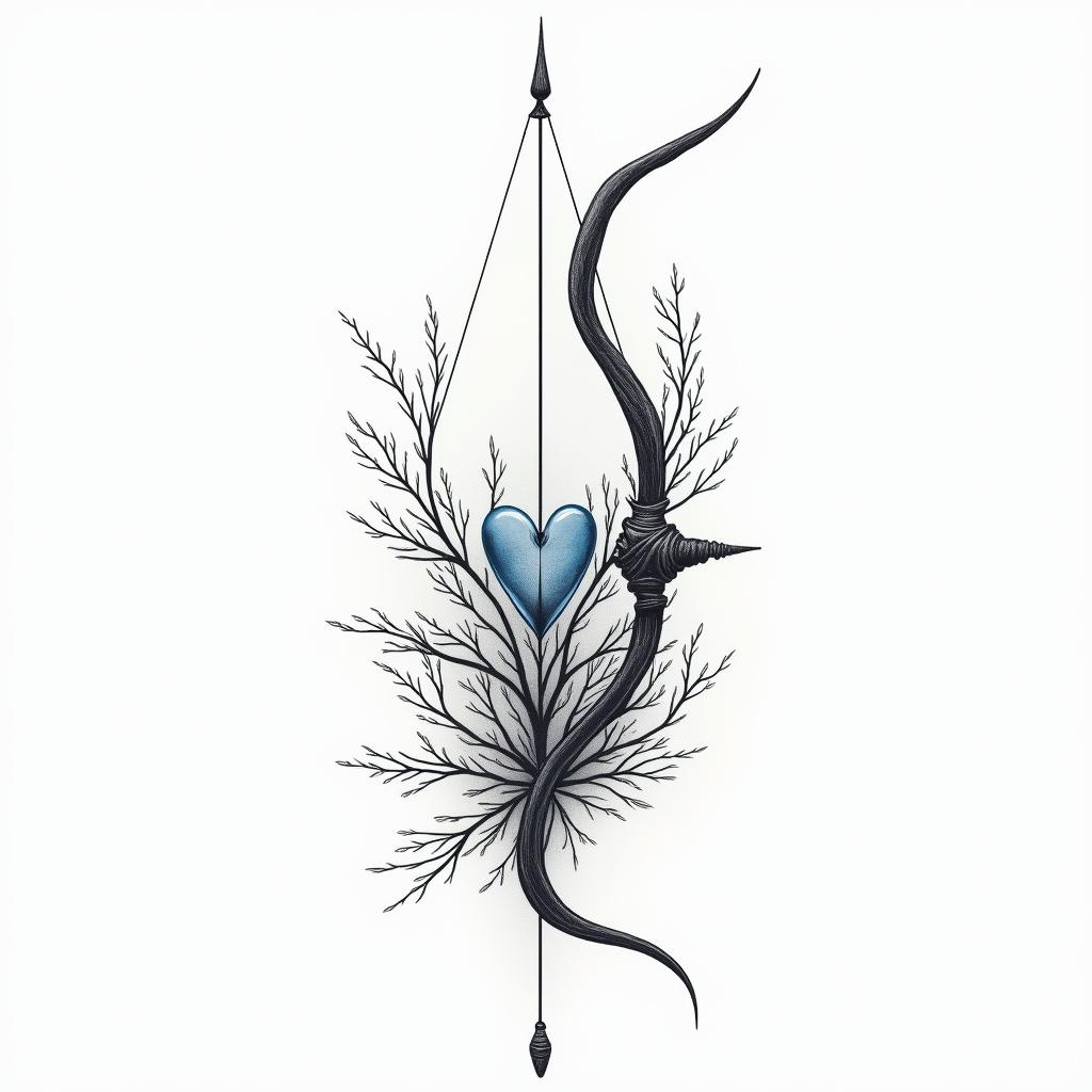 I don't want to forget my father's illness; I want to include blue amber and a bow and arrow.in Modest style tattoo, featuring soft, delicate line work with simple and meaningful symbols, gentle waves, a heart, evoking a sense of serenity and grace, - Variation 3