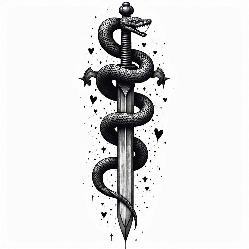 Snake wrapped around sword with design on bladein graffiti style tattoo, featuring bold and dynamic street art elements, spray-paint texture with exaggerated lines and expressive, chaotic brushstrokes, intricate lettering incorporated with graffiti tags, symbols like hearts, stars, and wings - Variation 4