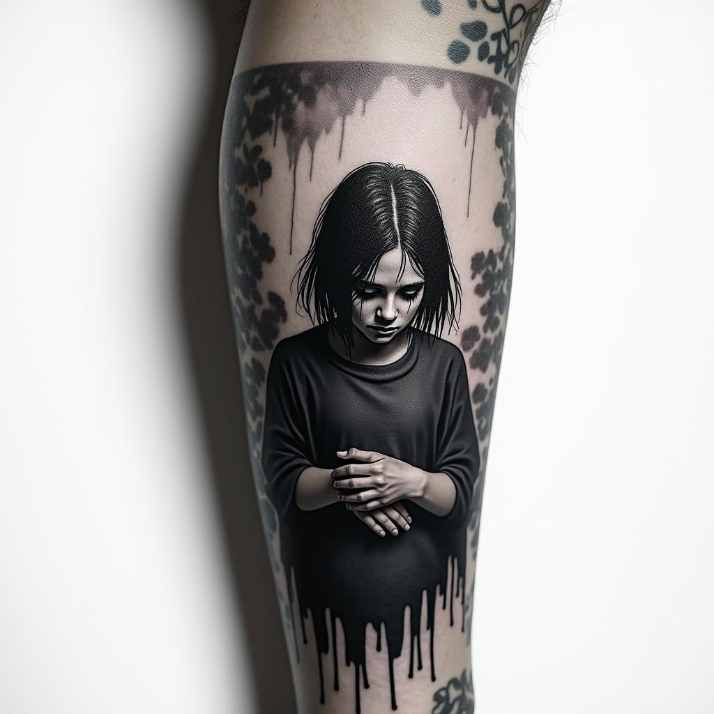 A deeply emotive tattoo representing childhood abuse, illustrating a dark and oppressive atmosphere. The design features shadows and dark imagery symbolizing pain and alienation, with a figure on the brink of death, feeling like a stranger to the world. The artwork embodies a sense of hopelessness and the struggle for survival, using dark shades to convey the weight of trauma and a stark reflection of that very dark time in life.higly detailed tattoo - Variation 5