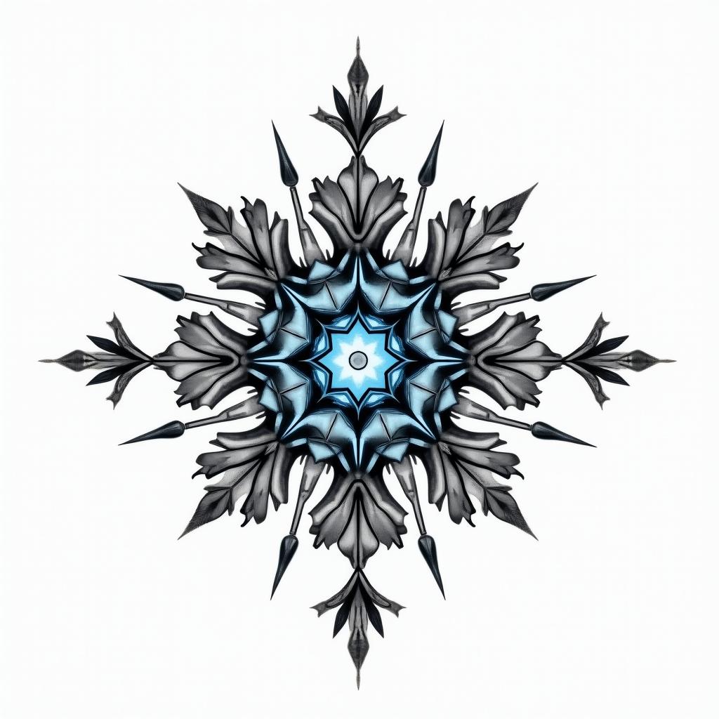 I don't want to forget my father's illness. I want to put in blue amber and a bow and arrow. in geometric style tattoo, blending hexagons, mandala-inspired patterns, symmetrical and fractal design, clean lines, sharp angles