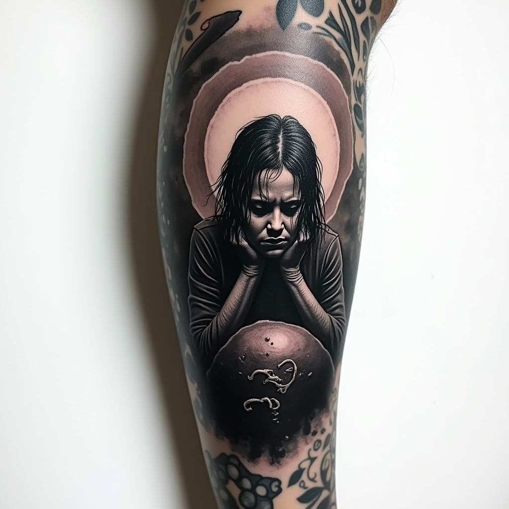 A deeply emotive tattoo representing childhood abuse, illustrating a dark and oppressive atmosphere. The design features shadows and dark imagery symbolizing pain and alienation, with a figure on the brink of death, feeling like a stranger to the world. The artwork embodies a sense of hopelessness and the struggle for survival, using dark shades to convey the weight of trauma and a stark reflection of that very dark time in life.higly detailed tattoo - Variation 2
