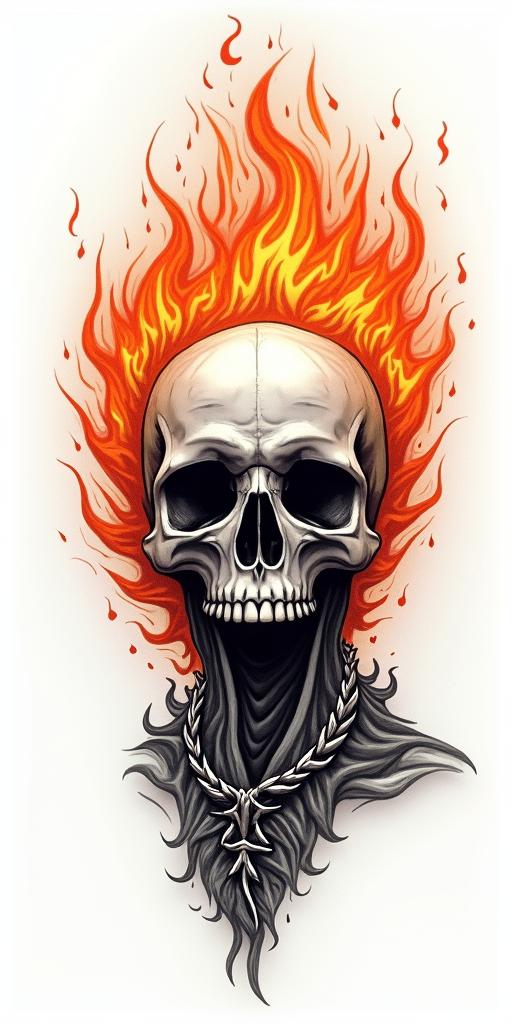 Flames off a sun skullin flame tattoo style showcasing fiery elements with dynamic flame patterns, glowing effect of flames, natural colors - Variation 3