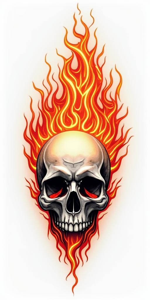 Flames off a sun skullin flame tattoo style showcasing fiery elements with dynamic flame patterns, glowing effect of flames, natural colors - Variation 2