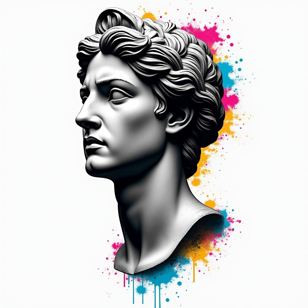 Punk, rebellious, anti-fascist, anti-capitalistin distorted and fragmented tattoo design, featuring a classical statue bust, in a glitch art style with vibrant, overlapping colors of cyan, magenta, and yellow, creating a digital distortion effect