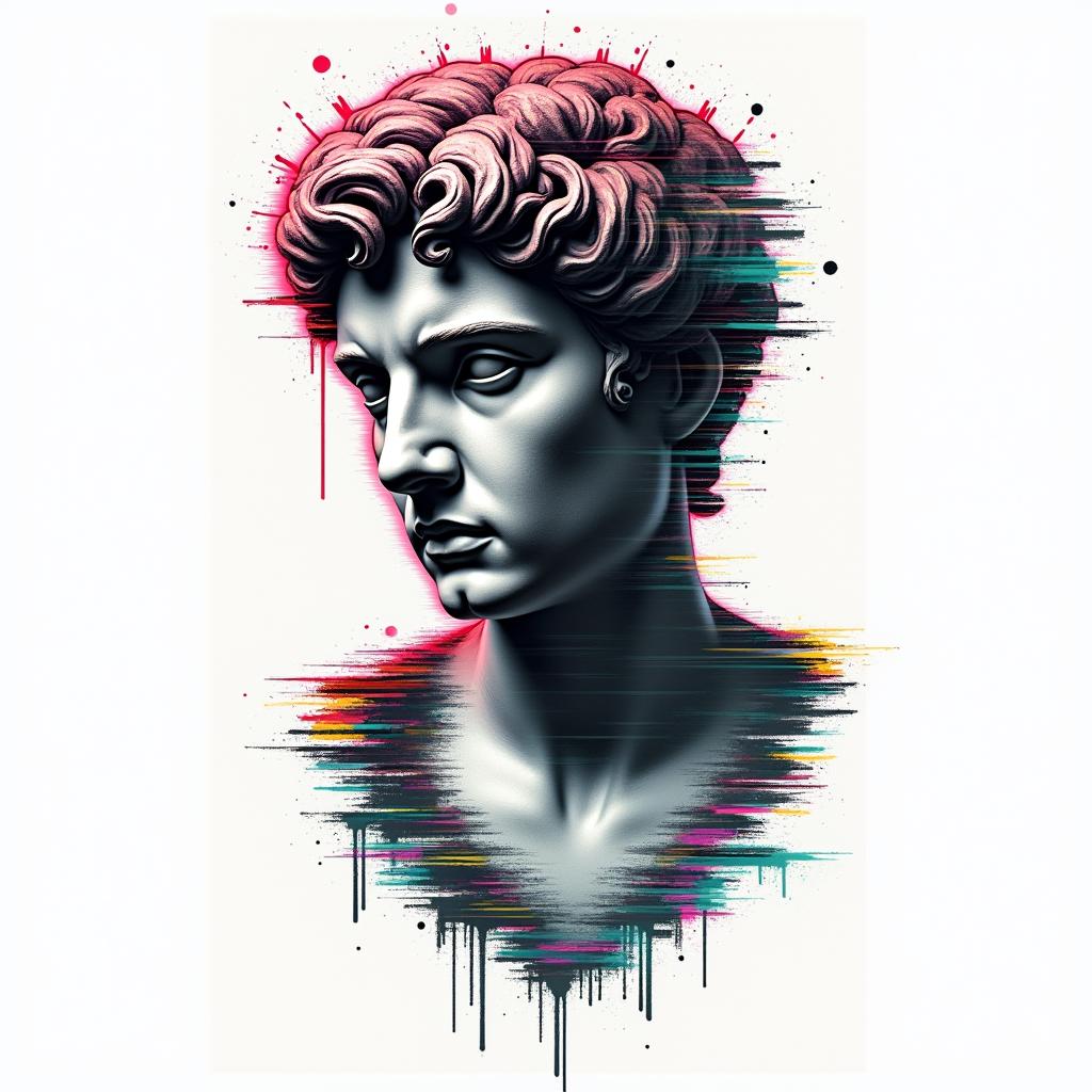 Punk, rebellious, anti-fascist, anti-capitalistin distorted and fragmented tattoo design, featuring a classical statue bust, in a glitch art style with vibrant, overlapping colors of cyan, magenta, and yellow, creating a digital distortion effect - Variation 4