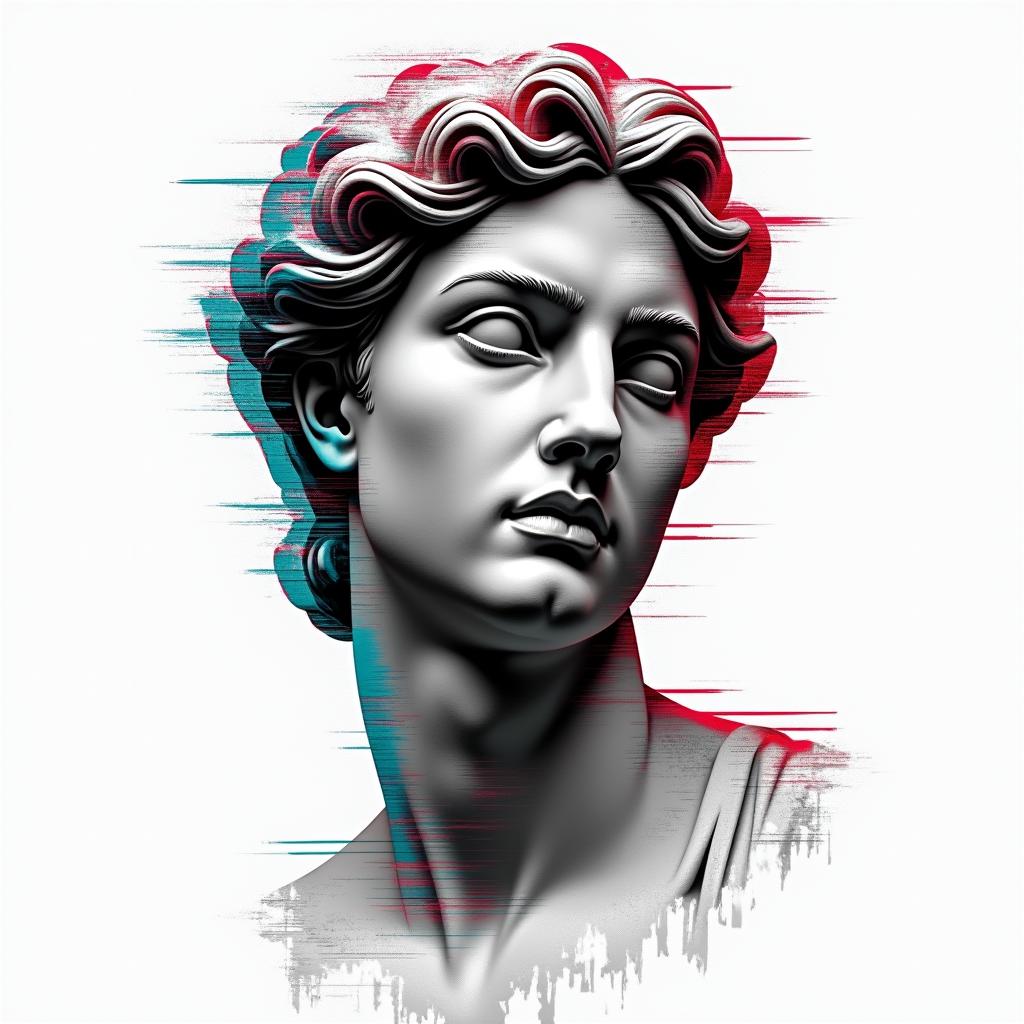 Punk, rebellious, anti-fascist, anti-capitalistin distorted and fragmented tattoo design, featuring a classical statue bust, in a glitch art style with vibrant, overlapping colors of cyan, magenta, and yellow, creating a digital distortion effect - Variation 2