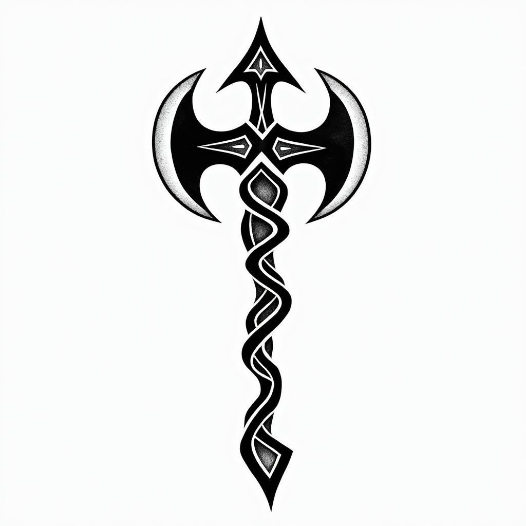 Native American tomahawkin tribal tattoo style, featuring bold and black geometric shapes, curved lines, intertwine and flow seamlessly, creating a powerful and symbolic design, polynesian and maori styles