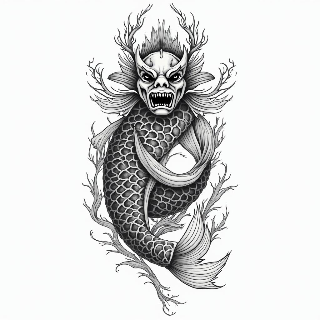 Koi fish and hanya maskin japanese style tattoo, detailed tattoo, traditional japanese culture tattoo, mythology, 8k - Variation 3
