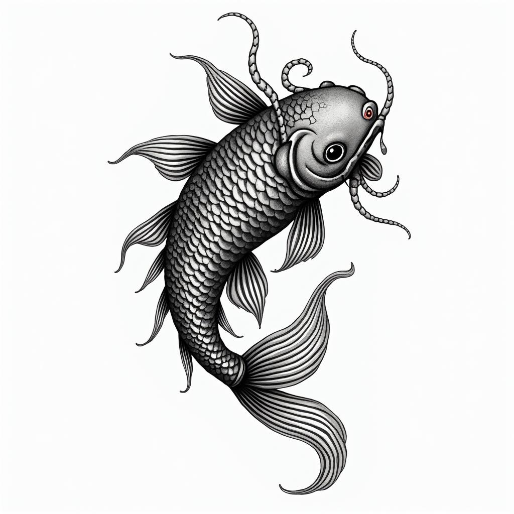 Koi fish and hanya maskin japanese style tattoo, detailed tattoo, traditional japanese culture tattoo, mythology, 8k