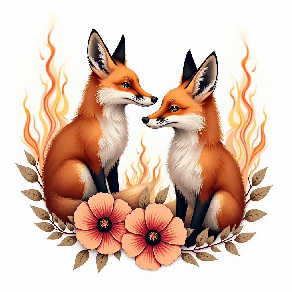 Foxes, flowers, fine line, playful, romanticin flame tattoo style showcasing fiery elements with dynamic flame patterns, glowing effect of flames, natural colors - Variation 4