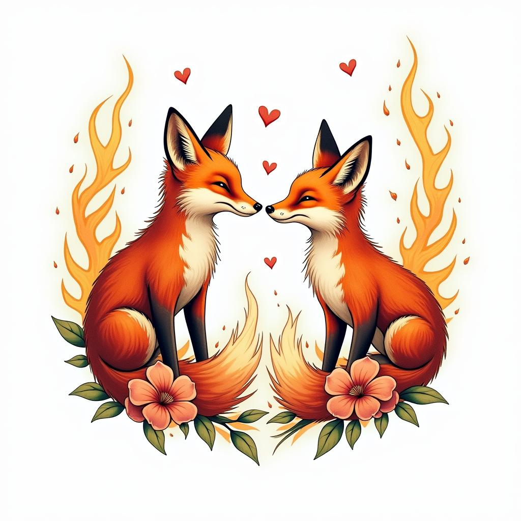 Foxes, flowers, fine line, playful, romanticin flame tattoo style showcasing fiery elements with dynamic flame patterns, glowing effect of flames, natural colors