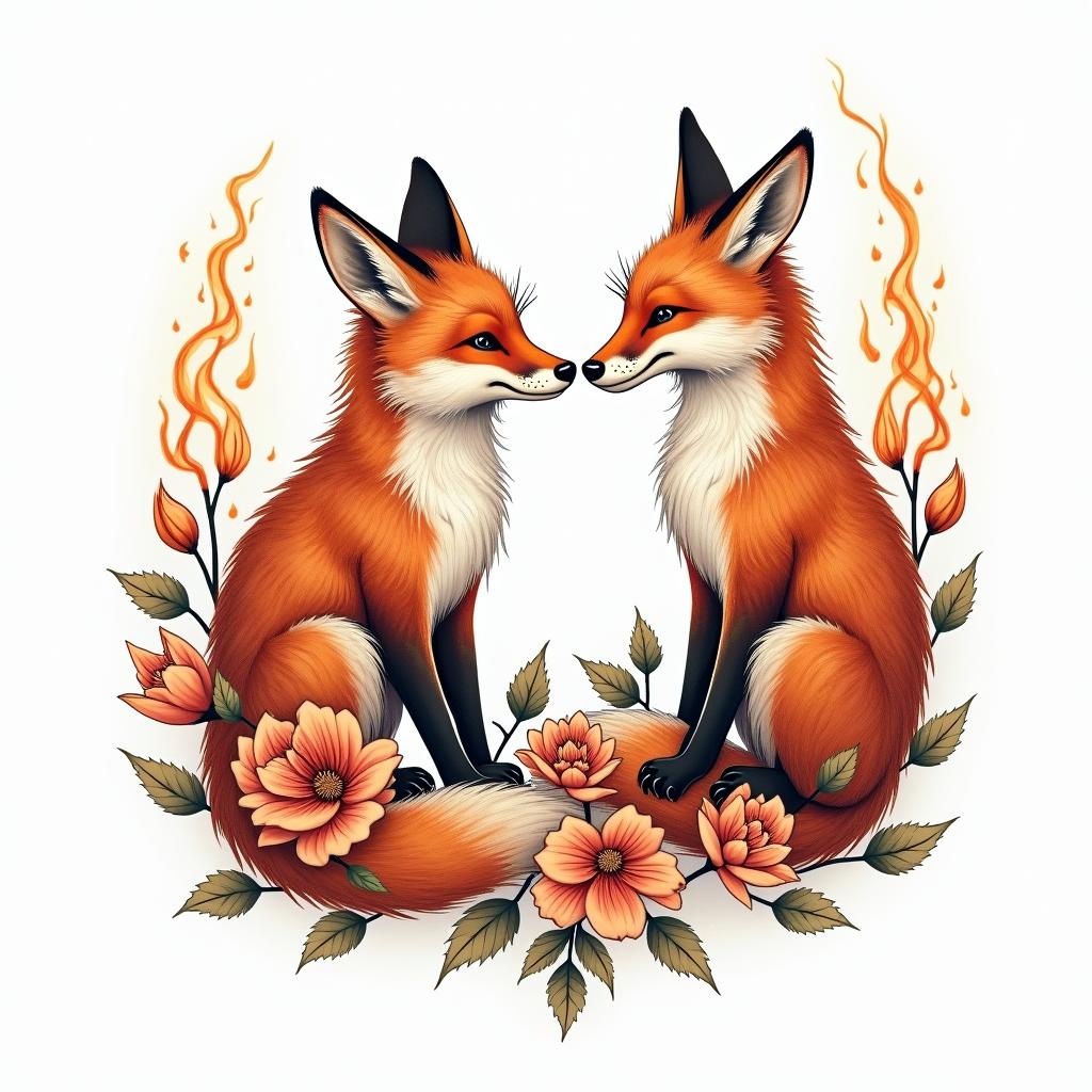 Foxes, flowers, fine line, playful, romanticin flame tattoo style showcasing fiery elements with dynamic flame patterns, glowing effect of flames, natural colors - Variation 2