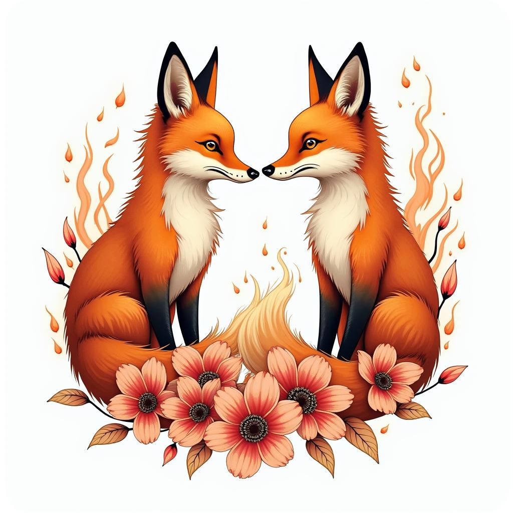 Foxes, flowers, fine line, playful, romanticin flame tattoo style showcasing fiery elements with dynamic flame patterns, glowing effect of flames, natural colors - Variation 3