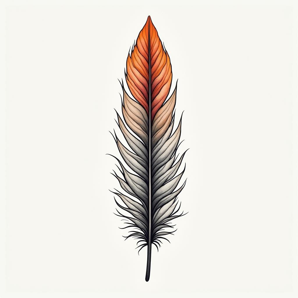 Single feather in Dark Black, deep yellow, and blood redin Modest style tattoo, featuring soft, delicate line work with simple and meaningful symbols, gentle waves, a heart, evoking a sense of serenity and grace, - Variation 4