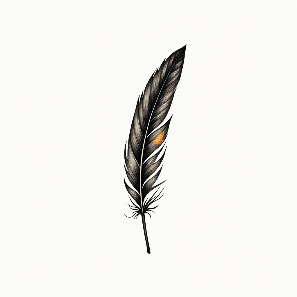 Single feather in Dark Black, deep yellow, and blood redin Modest style tattoo, featuring soft, delicate line work with simple and meaningful symbols, gentle waves, a heart, evoking a sense of serenity and grace,