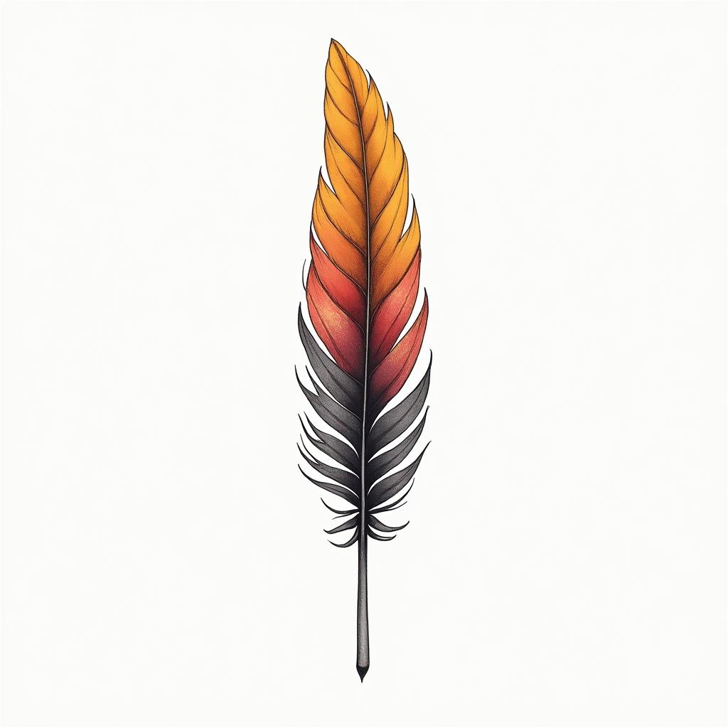 Single feather in Dark Black, deep yellow, and blood redin Modest style tattoo, featuring soft, delicate line work with simple and meaningful symbols, gentle waves, a heart, evoking a sense of serenity and grace, - Variation 2