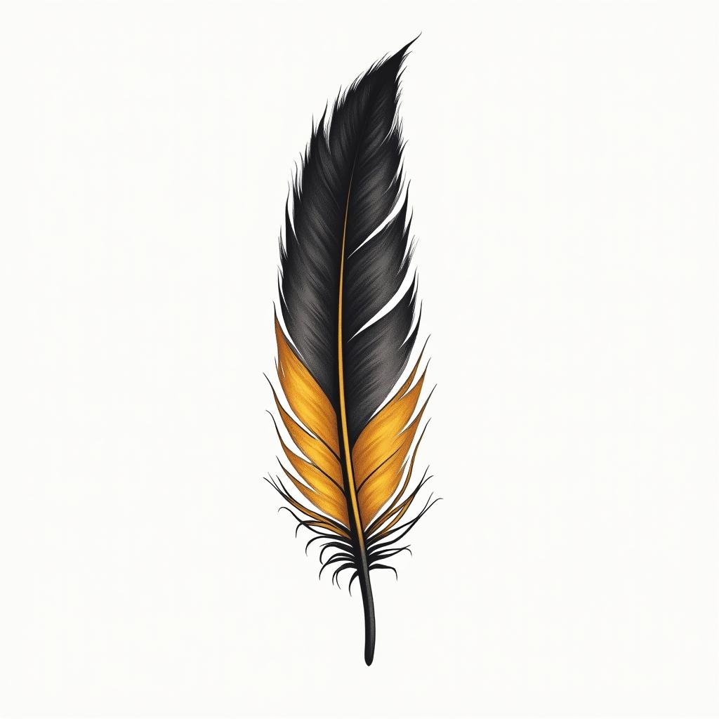 Single feather in Dark Black, deep yellow, and blood redin Modest style tattoo, featuring soft, delicate line work with simple and meaningful symbols, gentle waves, a heart, evoking a sense of serenity and grace, - Variation 3