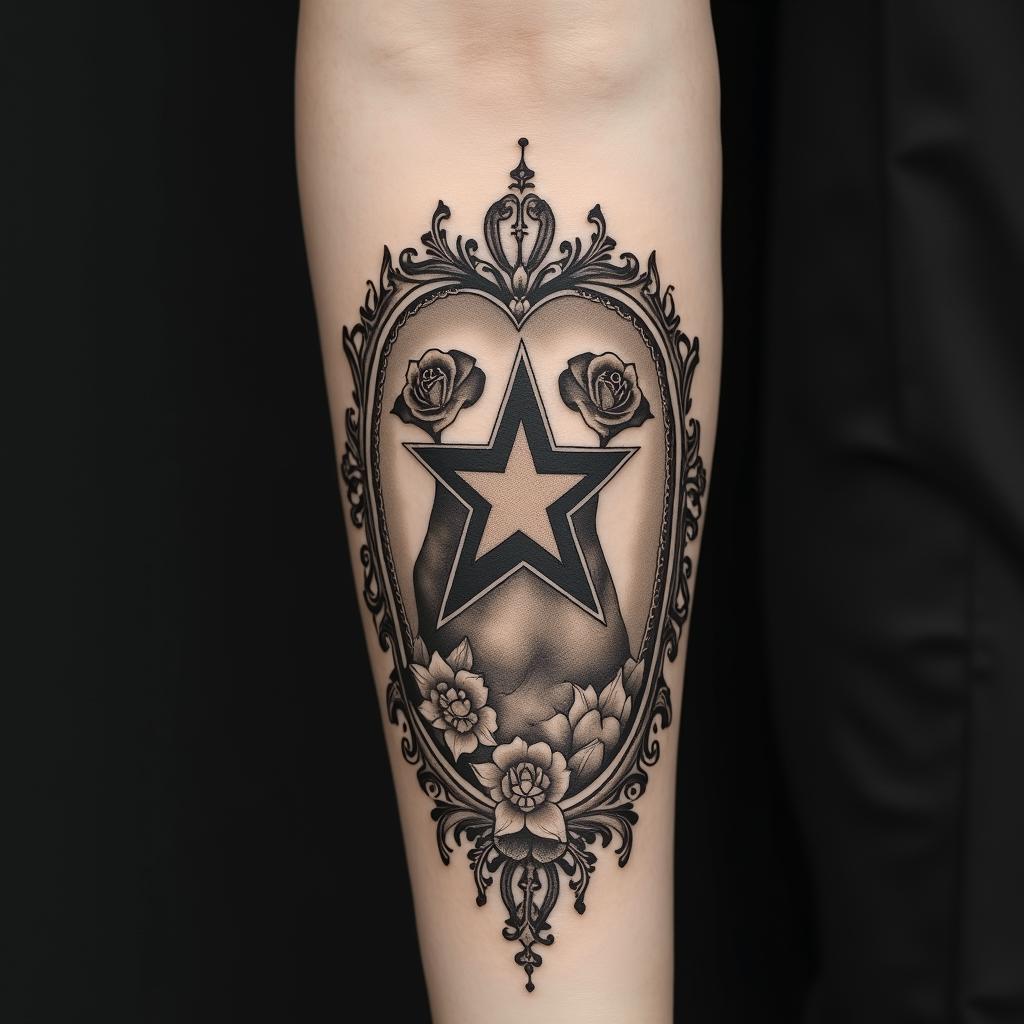 Heart star dog pawin victorian style tattoo, featuring vintage and elegant elements, ornate frames, roses, antique, sepia-toned color scheme - Variation 4