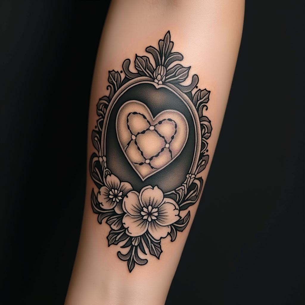 Heart star dog pawin victorian style tattoo, featuring vintage and elegant elements, ornate frames, roses, antique, sepia-toned color scheme - Variation 3