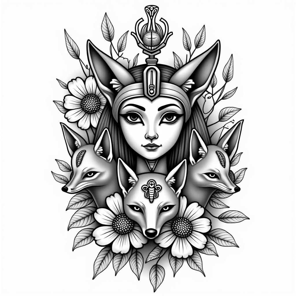 Foxes, flowers, fine line, playful, romanticin egyptian style tattoo, bold elements of ancient egyptian culture including a portrait of an Egyptian pharaoh with detailed facial features, in hieroglyphs and symbolic imagery, eye of horus, ankh symbol, scarab beetle