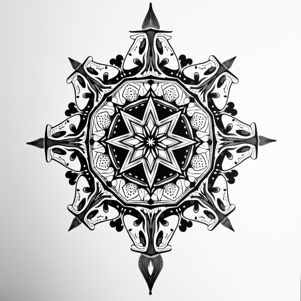 I would like an innovative and beautiful tattoo, my name is Raphaela, I am a Scorpio, the word that summarizes me is intensity, and I love to be free and independent.in dotwork style tattoo, complex mandala patterns, interlocking geometric shapes with sharp symmetry, clean lines, sharp angles - Variation 2