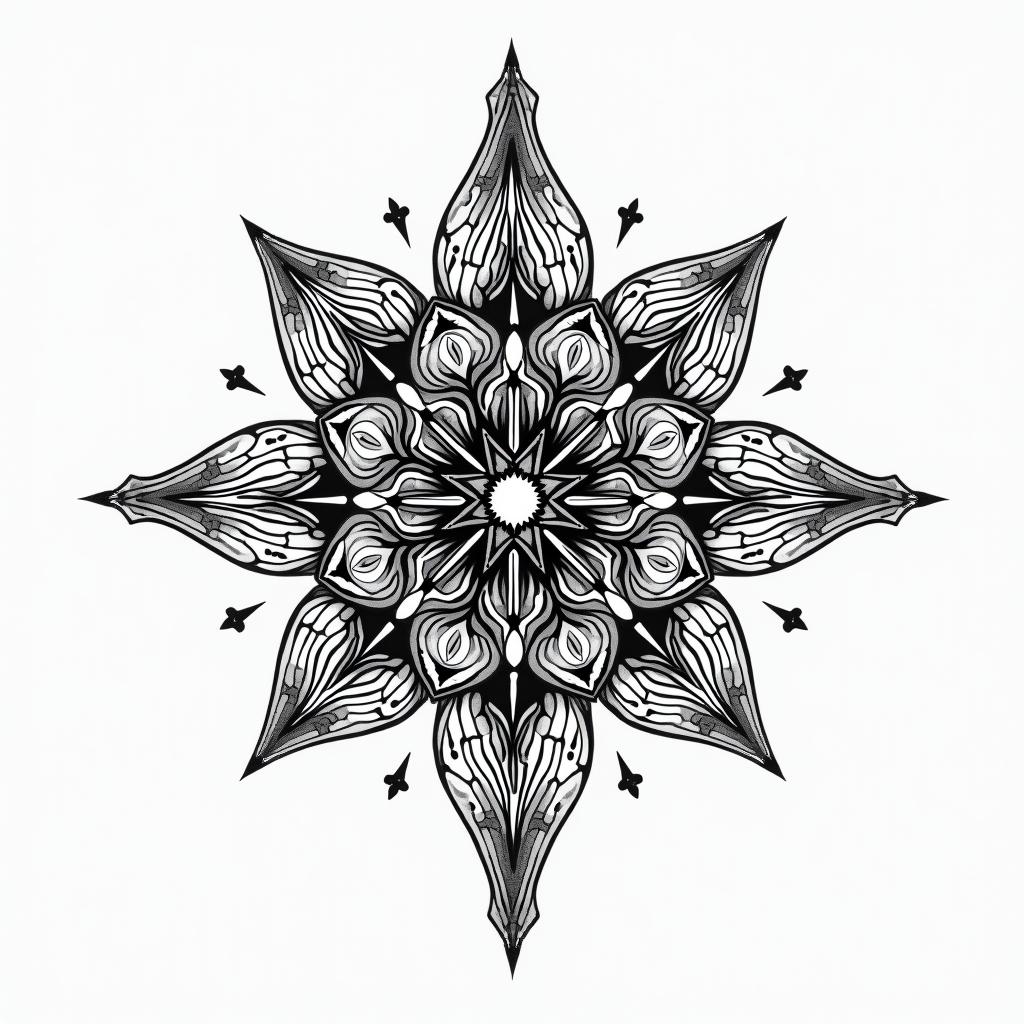 I would like an innovative and beautiful tattoo, my name is Raphaela, I am a Scorpio, the word that summarizes me is intensity, and I love to be free and independent.in dotwork style tattoo, complex mandala patterns, interlocking geometric shapes with sharp symmetry, clean lines, sharp angles - Variation 3