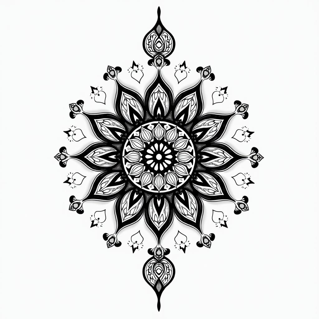 I would like an innovative and beautiful tattoo, my name is Raphaela, I am a Scorpio, the word that summarizes me is intensity, and I love to be free and independent.in dotwork style tattoo, complex mandala patterns, interlocking geometric shapes with sharp symmetry, clean lines, sharp angles