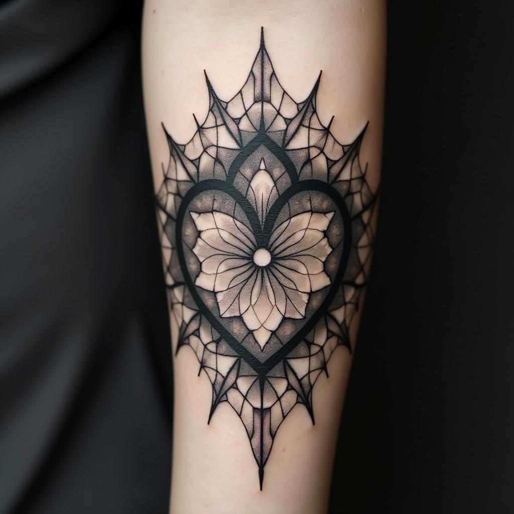 Heart star dog paw in geometric style tattoo, blending hexagons, mandala-inspired patterns, symmetrical and fractal design, clean lines, sharp angles