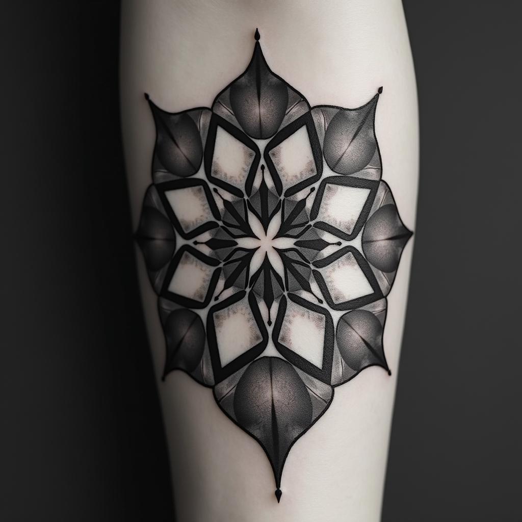 Heart star dog paw in geometric style tattoo, blending hexagons, mandala-inspired patterns, symmetrical and fractal design, clean lines, sharp angles - Variation 4