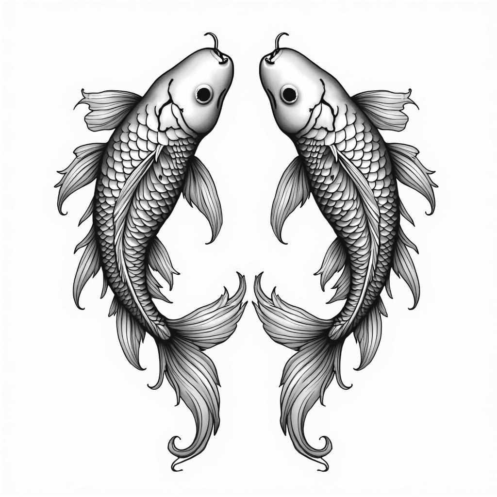 Koi fish and hanya mask seperatein ornamental tattoo style, featuring intricate symmetrical patterns and floral designs, showcasing highly detailed line work and geometric shapes, creating a sense of elegance and balance