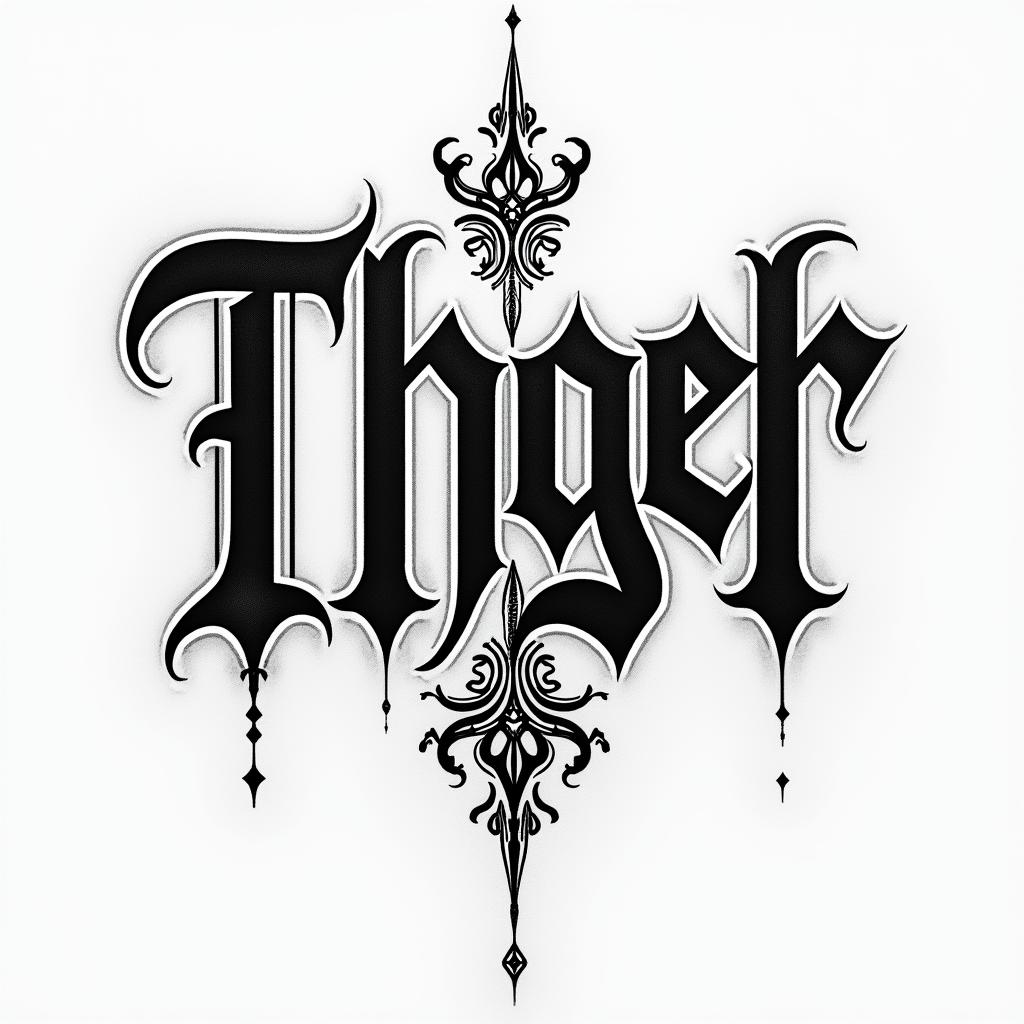 I want a tattoo for my chesttext-based tattoo, gothic font ultra-realistic, perfectly placed, high-quality font design, photo-realistic shading, 8k, high quality, finely detailed typography