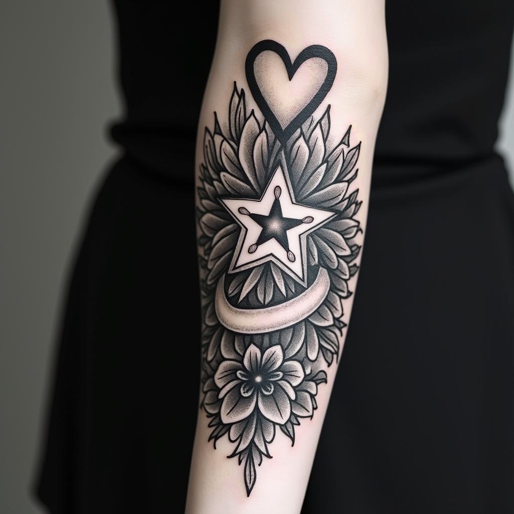 Star heart dog pawin ornamental tattoo style, featuring intricate symmetrical patterns and floral designs, showcasing highly detailed line work and geometric shapes, creating a sense of elegance and balance - Variation 4